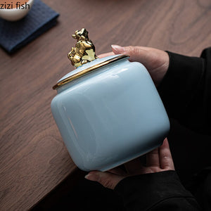 Tea Tin Animal Lid Ceramic Airtight Jar Food Storage Tank Tea Container Moisture Proof Tea Box Tea Organizer Candy Jar Tea Caddy acacuss