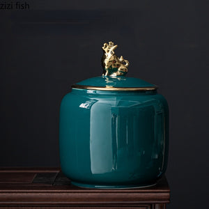 Tea Tin Animal Lid Ceramic Airtight Jar Food Storage Tank Tea Container Moisture Proof Tea Box Tea Organizer Candy Jar Tea Caddy acacuss