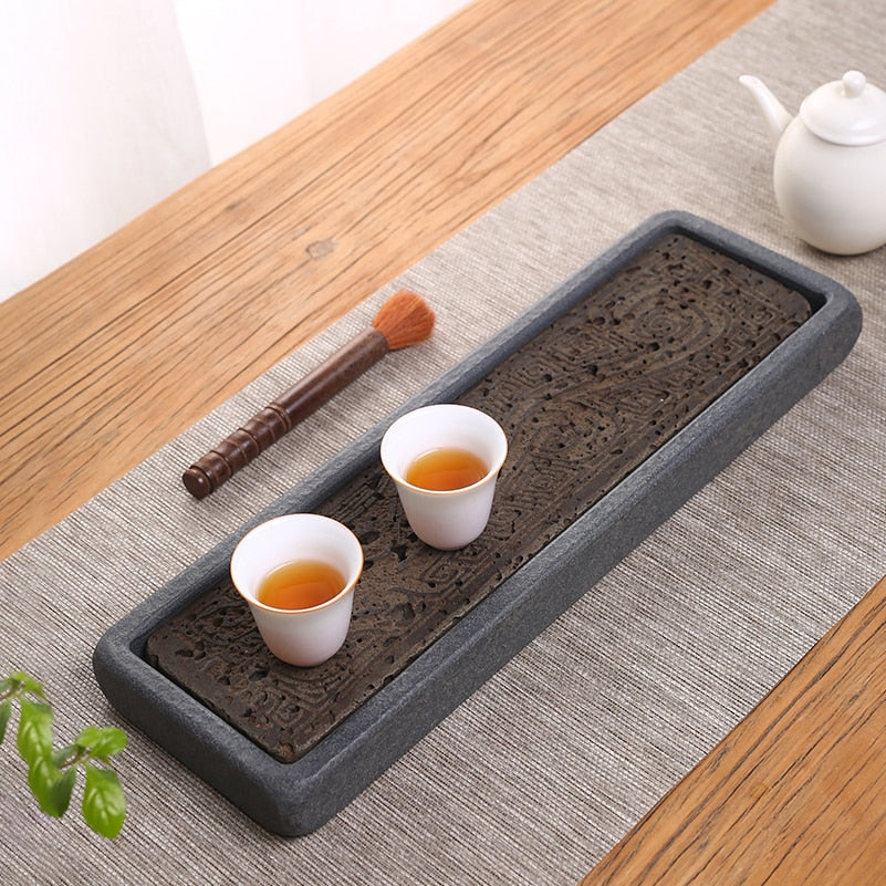 Tea Tray Natural Stone Plate Dragon Pattern Decoration Chinese Home Table Rectangular Office Accessorie Antiques Kungfu Teaware acacuss