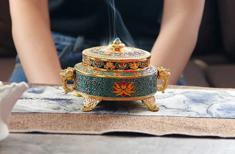 Tibetan Dish Incense Burner Color Copper Alloy Painted Incense Burner - indoor  Meditation Engraving Temples Smoke Supply Furnace Ornaments - ACACUSS
