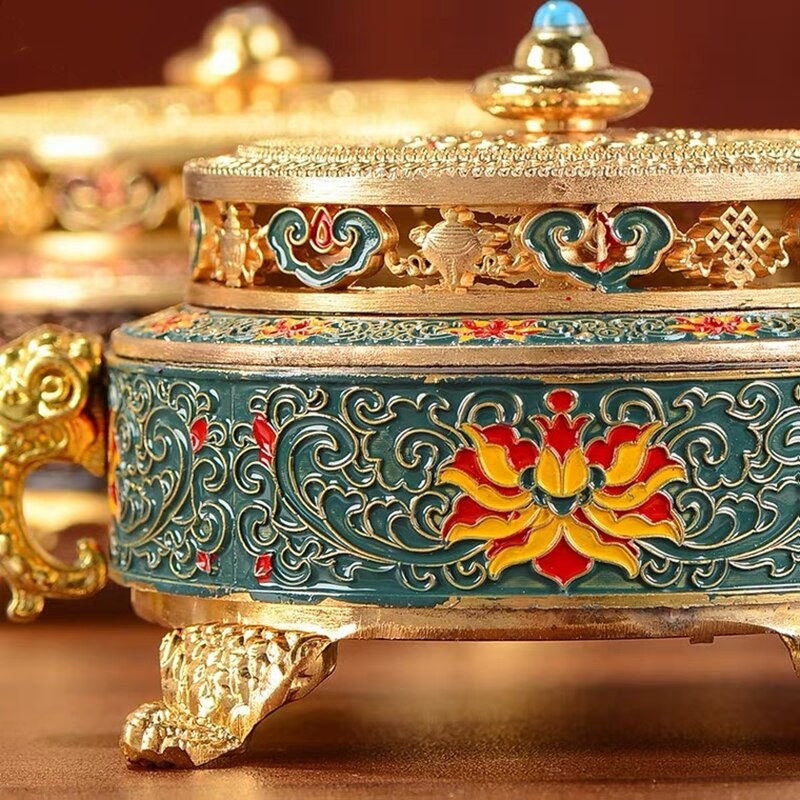 Tibetan Dish Incense Burner Color Copper Alloy Painted Incense Burner - indoor  Meditation Engraving Temples Smoke Supply Furnace Ornaments - ACACUSS