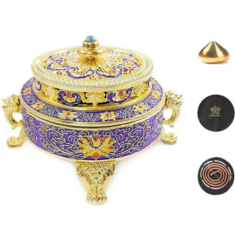 Tibetan Dish Incense Burner Color Copper Alloy Painted Incense Burner - acacuss