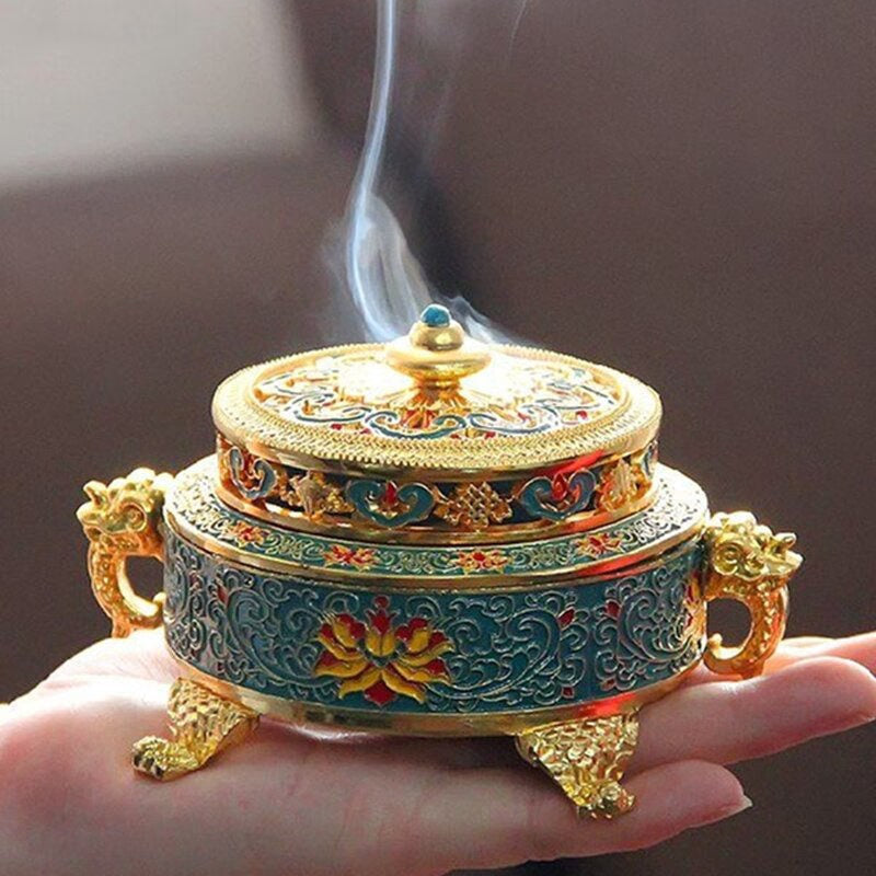Tibetan Dish Incense Burner Color Copper Alloy Painted Incense Burner - indoor  Meditation Engraving Temples Smoke Supply Furnace Ornaments - ACACUSS