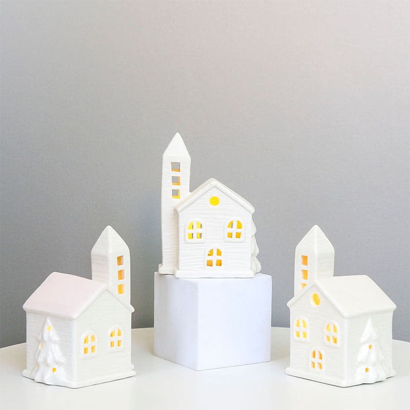 TingKe Nordic Style Hollow House LED Light European Home Decoration Ceramic House Ornament Creative Christmas Decoration Gift acacuss