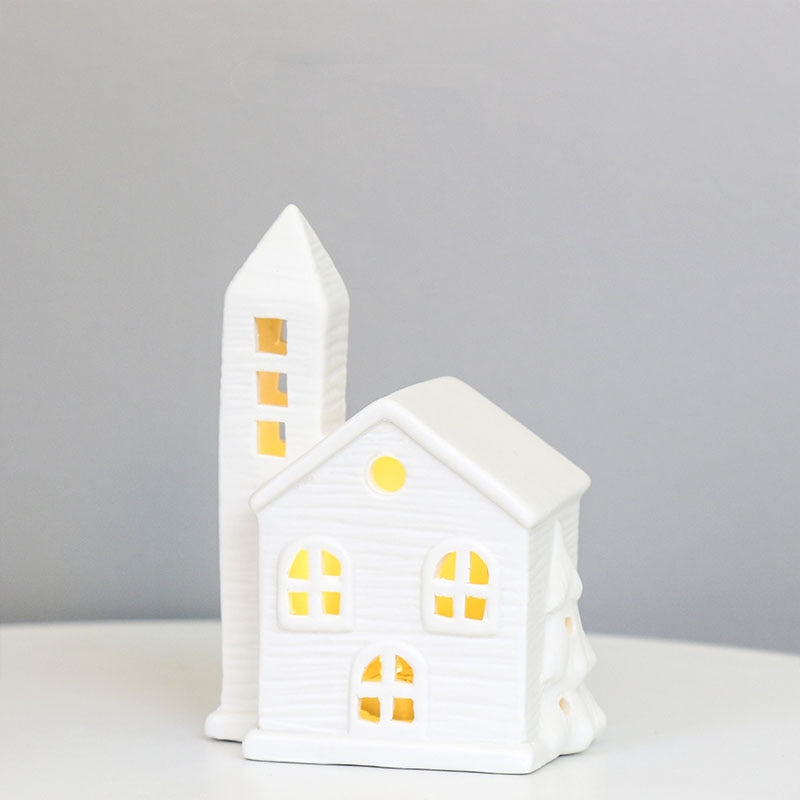TingKe Nordic Style Hollow House LED Light European Home Decoration Ceramic House Ornament Creative Christmas Decoration Gift acacuss