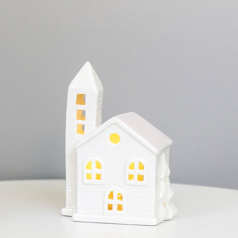 TingKe Nordic Style Hollow House LED Light European Home Decoration Ceramic House Ornament Creative Christmas Decoration Gift acacuss
