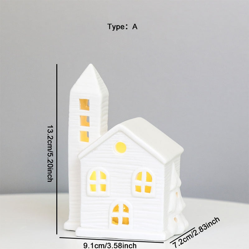 TingKe Nordic Style Hollow House LED Light European Home Decoration Ceramic House Ornament Creative Christmas Decoration Gift acacuss