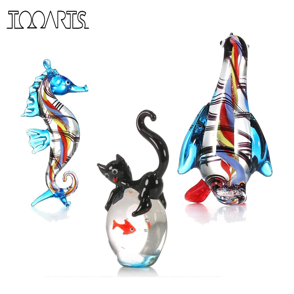 Tooarts Cat and Goldfish Gift Glass Ornament Animal Figurine Handblown Home Decor cat figurine home decoration accessories acacuss