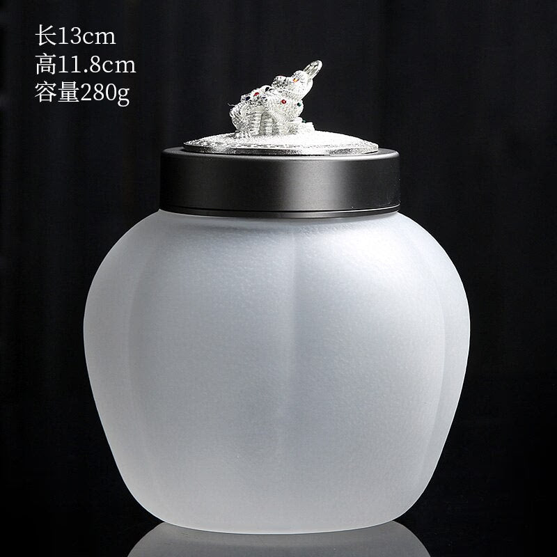 Translucent Glass Jar Tea Caddy Animal Cover Decorative Jar Sealed Jars Thickened Glass Tea Box Home Storage Tank Tea Organizer acacuss