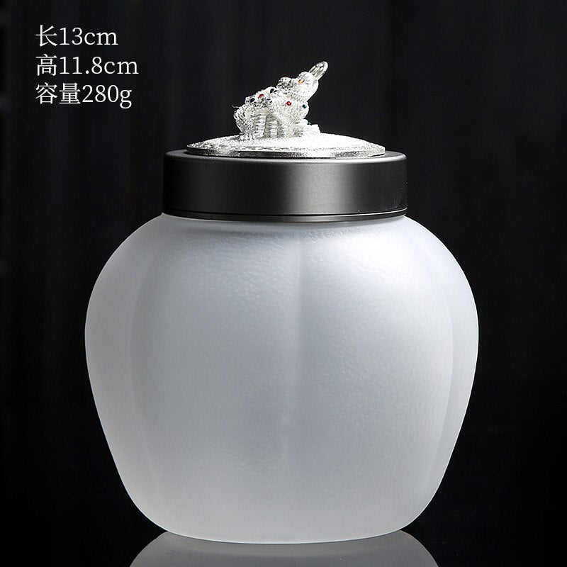 Translucent Glass Jar Tea Caddy Animal Cover Decorative Jar Sealed Jars Thickened Glass Tea Box Home Storage Tank Tea Organizer acacuss