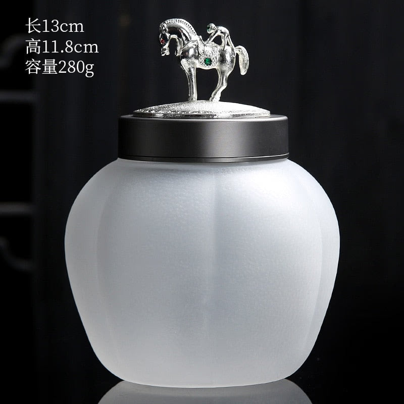 Translucent Glass Jar Tea Caddy Animal Cover Decorative Jar Sealed Jars Thickened Glass Tea Box Home Storage Tank Tea Organizer acacuss