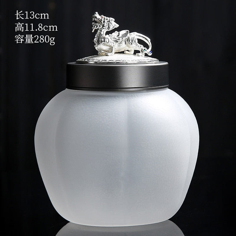 Translucent Glass Jar Tea Caddy Animal Cover Decorative Jar Sealed Jars Thickened Glass Tea Box Home Storage Tank Tea Organizer acacuss