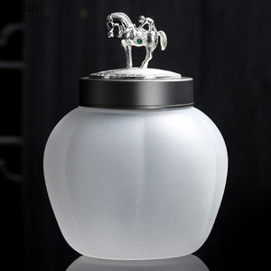 Translucent Glass Jar Tea Caddy Animal Cover Decorative Jar Sealed Jars Thickened Glass Tea Box Home Storage Tank Tea Organizer acacuss