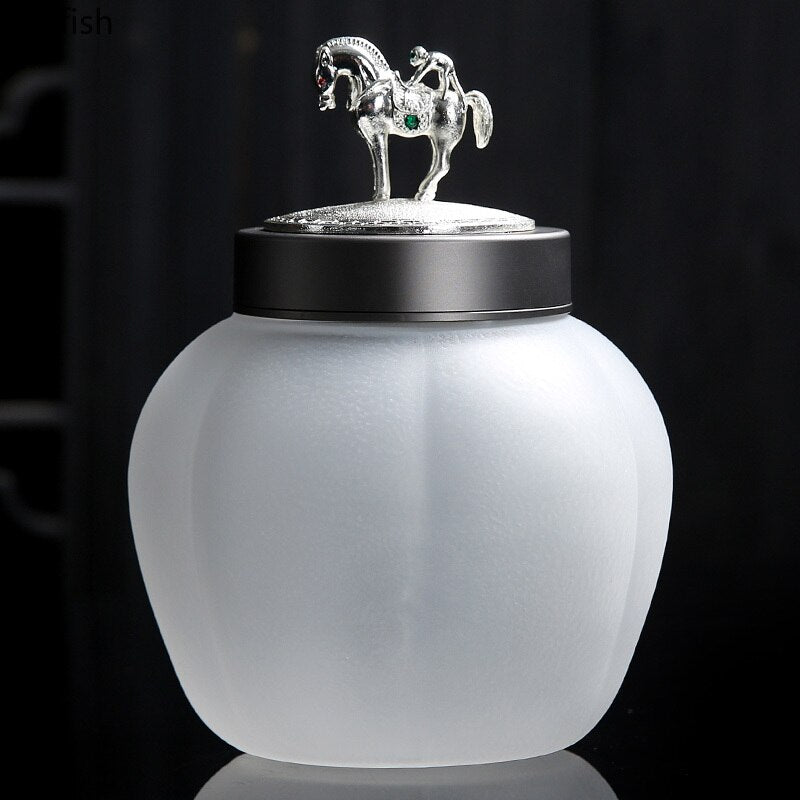 Translucent Glass Jar Tea Caddy Animal Cover Decorative Jar Sealed Jars Thickened Glass Tea Box Home Storage Tank Tea Organizer acacuss