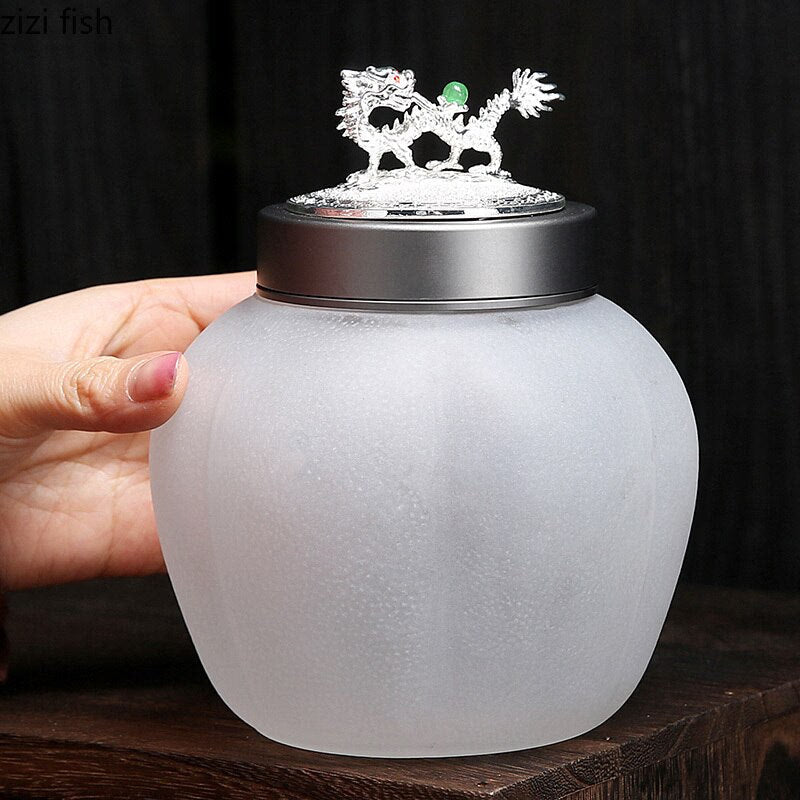 Translucent Glass Jar Tea Caddy Animal Cover Decorative Jar Sealed Jars Thickened Glass Tea Box Home Storage Tank Tea Organizer acacuss