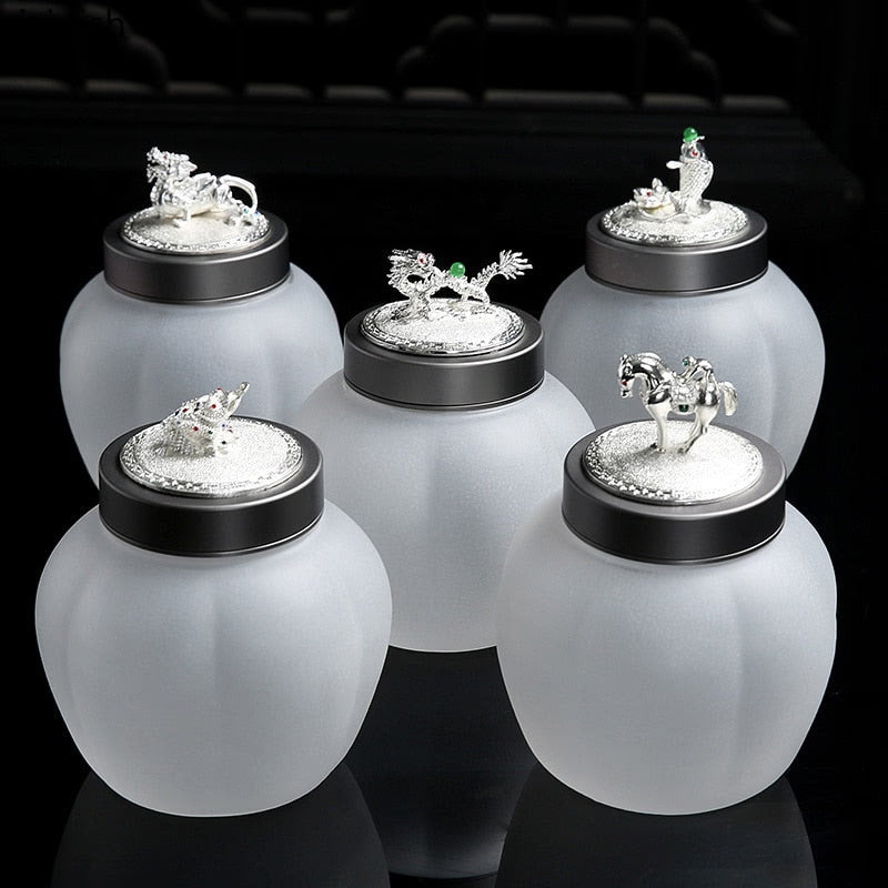 Translucent Glass Jar Tea Caddy Animal Cover Decorative Jar Sealed Jars Thickened Glass Tea Box Home Storage Tank Tea Organizer acacuss
