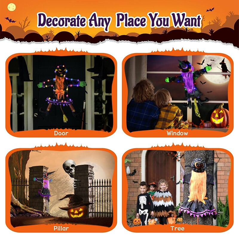 Tree Crashing Witch With Light Halloween Hanging Decor Outdoor Porch Courtyard Lawn Terrace Flying Witch Halloween Decor Prop acacuss