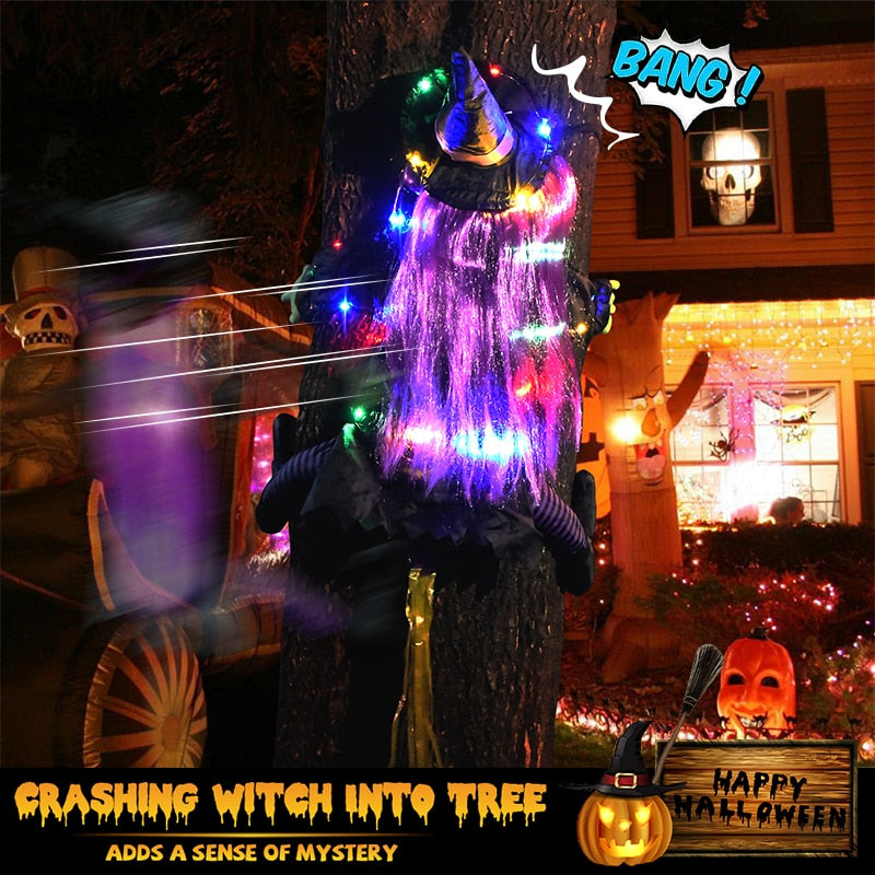 Tree Crashing Witch With Light Halloween Hanging Decor Outdoor Porch Courtyard Lawn Terrace Flying Witch Halloween Decor Prop acacuss