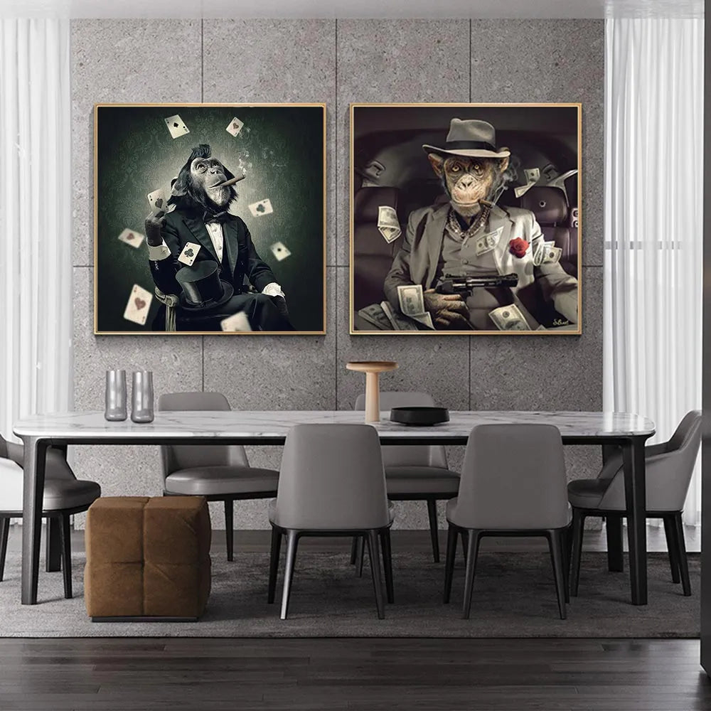 Smoking Monkey Riding Motorcycle Playing CARD Wall Art Canvas Print Abstract Animals Art Paintings For Living Room Decor Picture