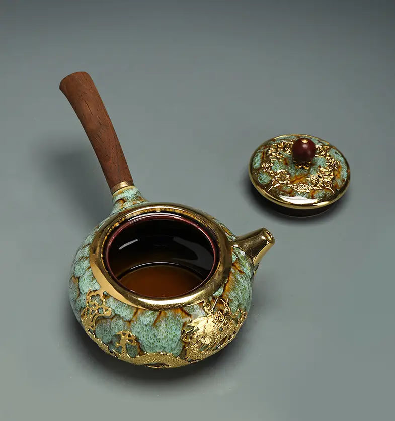 Unique Kung Fu Teapot Handmade GOLD Plated with Ebony wood side handle - ACACUSS