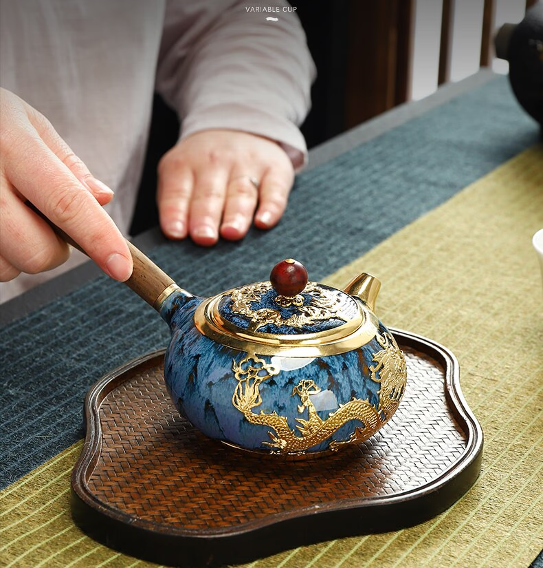 Unique Kung Fu Teapot Handmade GOLD Plated with Ebony wood side handle - ACACUSS