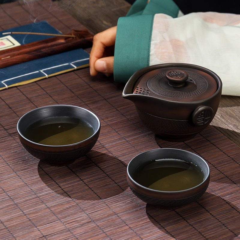 Unique Teaware Purple pottery Fashionable Ceramic Travel Tea Set Portable 2 Tea Cups and Teapot - acacuss