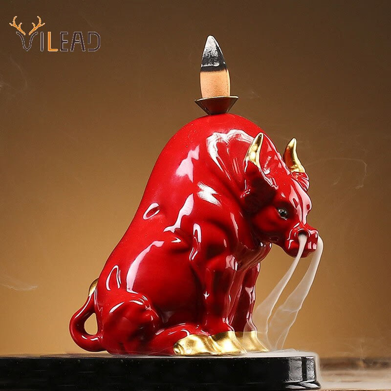 VILEAD Ceramic Bull Statue Animal Backflow Incense Burner Figurine Geometric Cattle Sculpture Home Office Desktop Decoration acacuss