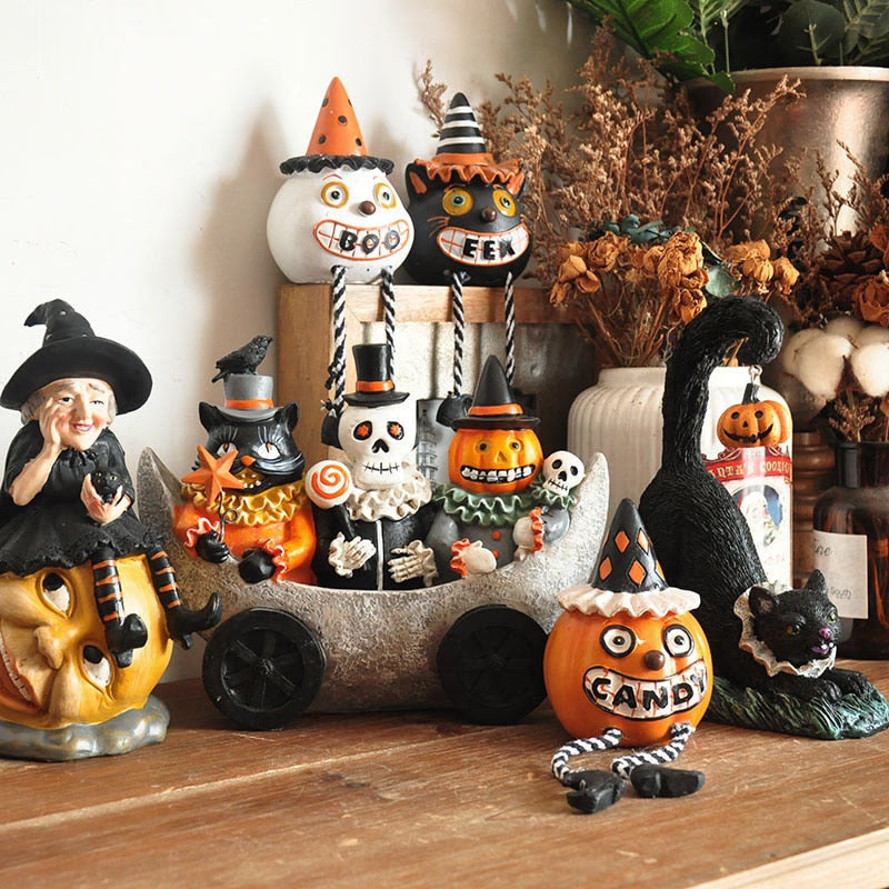 Vintage Ghost Skull Ornament Hand-painted Black Cat Witch Desktop Sculpture Fun Halloween Decoration Ceramic Craft Birthday Gift acacuss