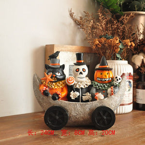 Vintage Ghost Skull Ornament Hand-painted Black Cat Witch Desktop Sculpture Fun Halloween Decoration Ceramic Craft Birthday Gift acacuss