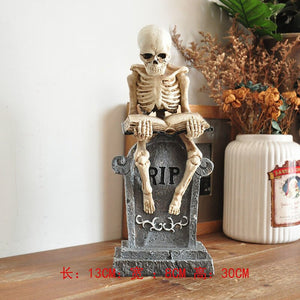Vintage Ghost Skull Ornament Hand-painted Black Cat Witch Desktop Sculpture Fun Halloween Decoration Ceramic Craft Birthday Gift acacuss