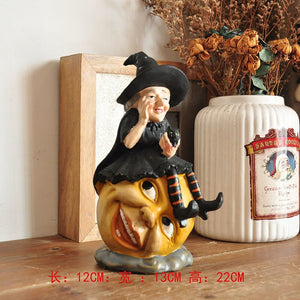 Vintage Ghost Skull Ornament Hand-painted Black Cat Witch Desktop Sculpture Fun Halloween Decoration Ceramic Craft Birthday Gift acacuss