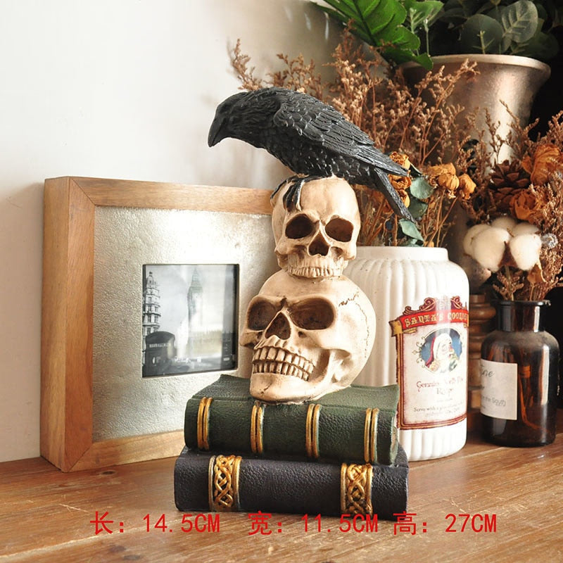 Vintage Ghost Skull Ornament Hand-painted Black Cat Witch Desktop Sculpture Fun Halloween Decoration Ceramic Craft Birthday Gift acacuss