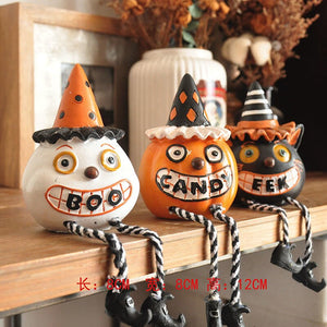 Vintage Ghost Skull Ornament Hand-painted Black Cat Witch Desktop Sculpture Fun Halloween Decoration Ceramic Craft Birthday Gift acacuss