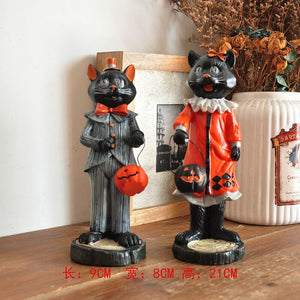 Vintage Ghost Skull Ornament Hand-painted Black Cat Witch Desktop Sculpture Fun Halloween Decoration Ceramic Craft Birthday Gift acacuss