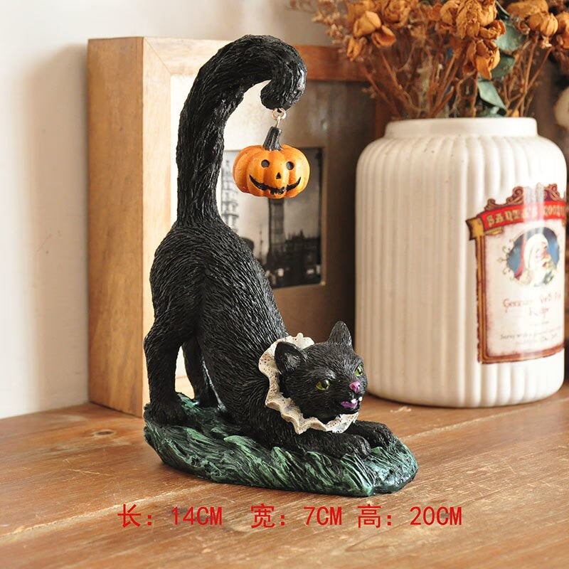Vintage Ghost Skull Ornament Hand-painted Black Cat Witch Desktop Sculpture Fun Halloween Decoration Ceramic Craft Birthday Gift acacuss