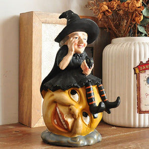 Vintage Ghost Skull Ornament Hand-painted Black Cat Witch Desktop Sculpture Fun Halloween Decoration Ceramic Craft Birthday Gift acacuss