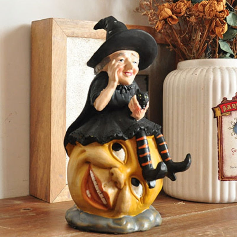 Vintage Ghost Skull Ornament Hand-painted Black Cat Witch Desktop Sculpture Fun Halloween Decoration Ceramic Craft Birthday Gift acacuss
