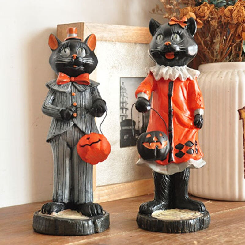 Vintage Ghost Skull Ornament Hand-painted Black Cat Witch Desktop Sculpture Fun Halloween Decoration Ceramic Craft Birthday Gift acacuss