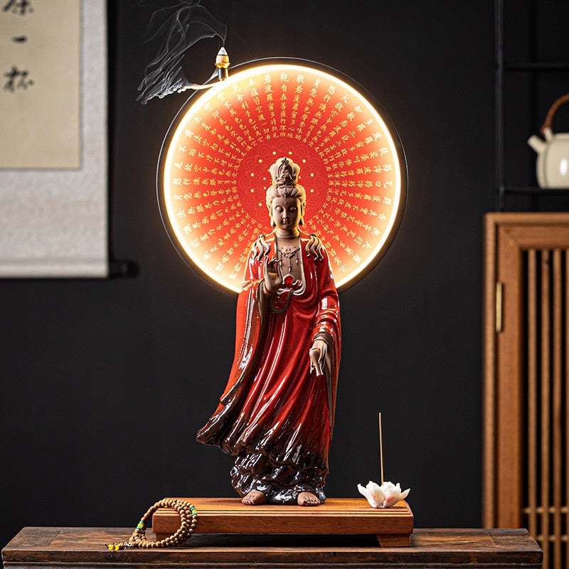 Western Three Holy Ceramic Buddha Ornaments New Chinese Home Decoration LED Light Ring Buddhist Ornaments acacuss