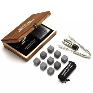 Whiskey Stones Gift Set - 9 Granite Chilling Stones Whisky Rocks - Reusable Ice Cubes With Tongs Stopper - Best Drinking Gift acacuss