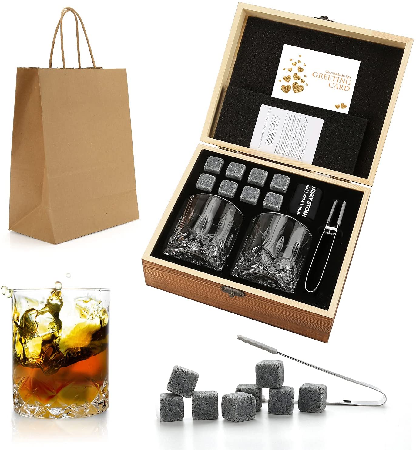 Whiskey Stones & Glasses Set, Granite Ice Cube For Whisky, Whiski Chilling Rocks In Wooden Box, Best Gift For Dad Husband Men acacuss