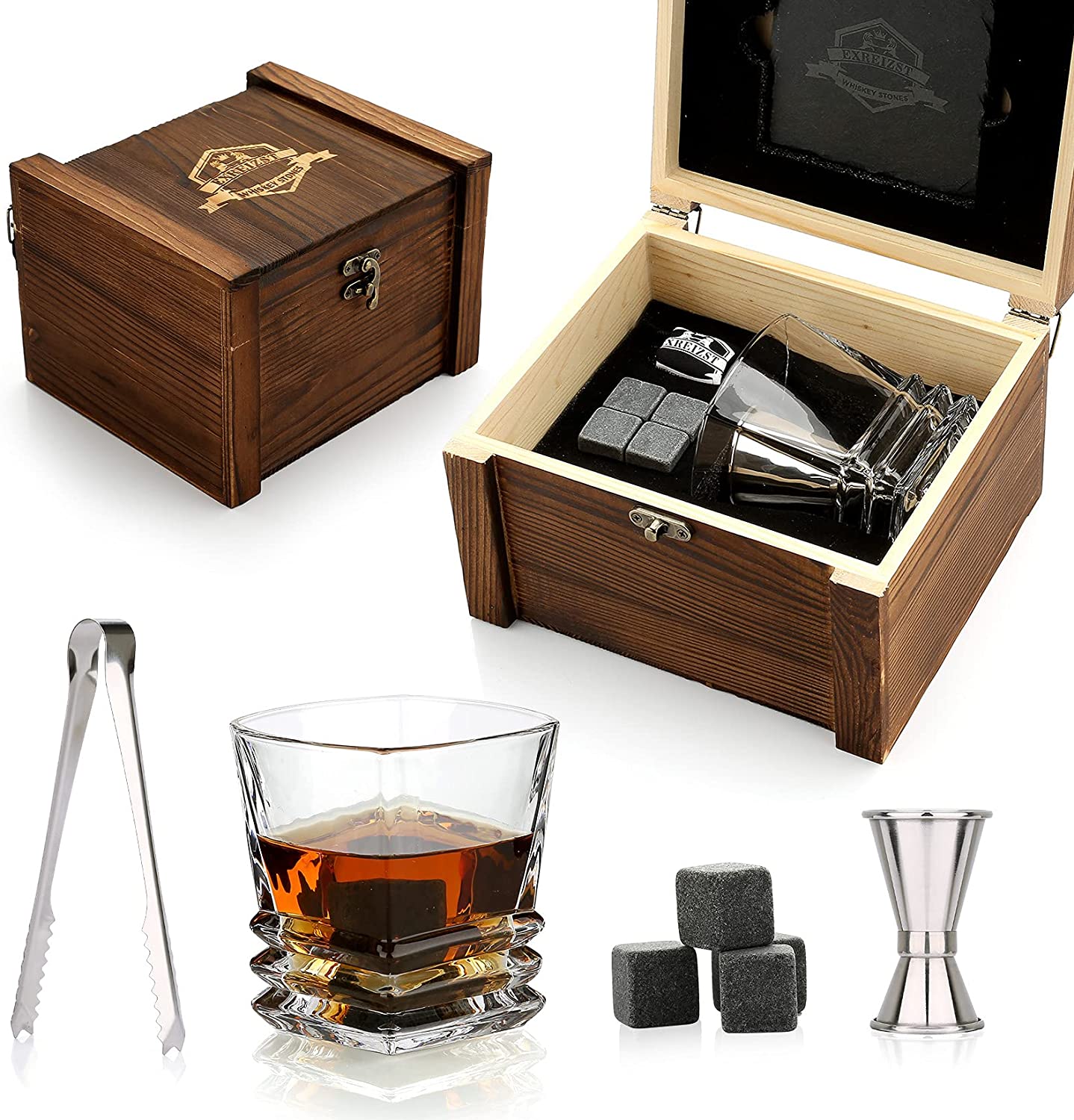 Whiskey Stones & Glasses Set, Granite Ice Cube For Whisky, Whiski Chilling Rocks In Wooden Box, Best Gift For Dad Husband Men acacuss