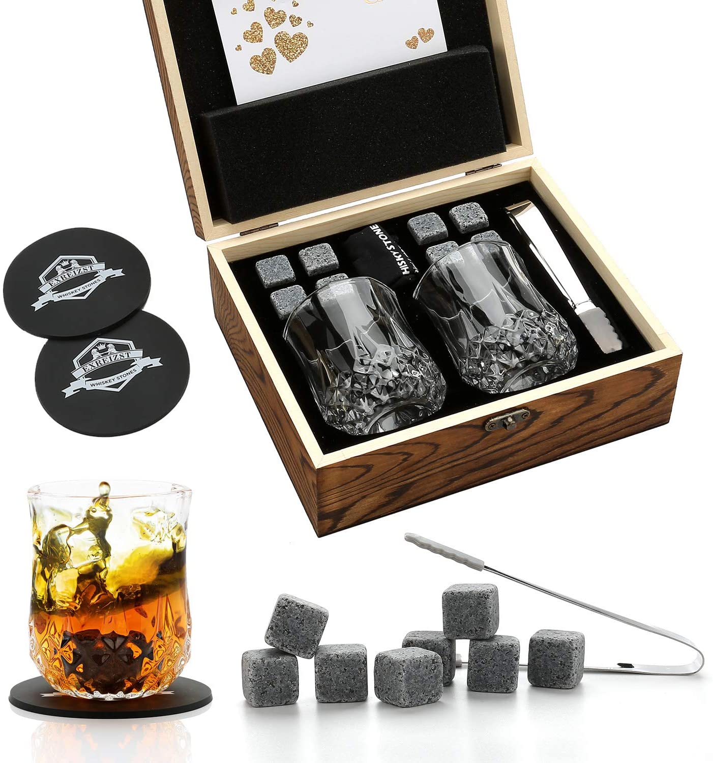 Whiskey Stones & Glasses Set, Granite Ice Cube For Whisky, Whiski Chilling Rocks In Wooden Box, Best Gift For Dad Husband Men acacuss