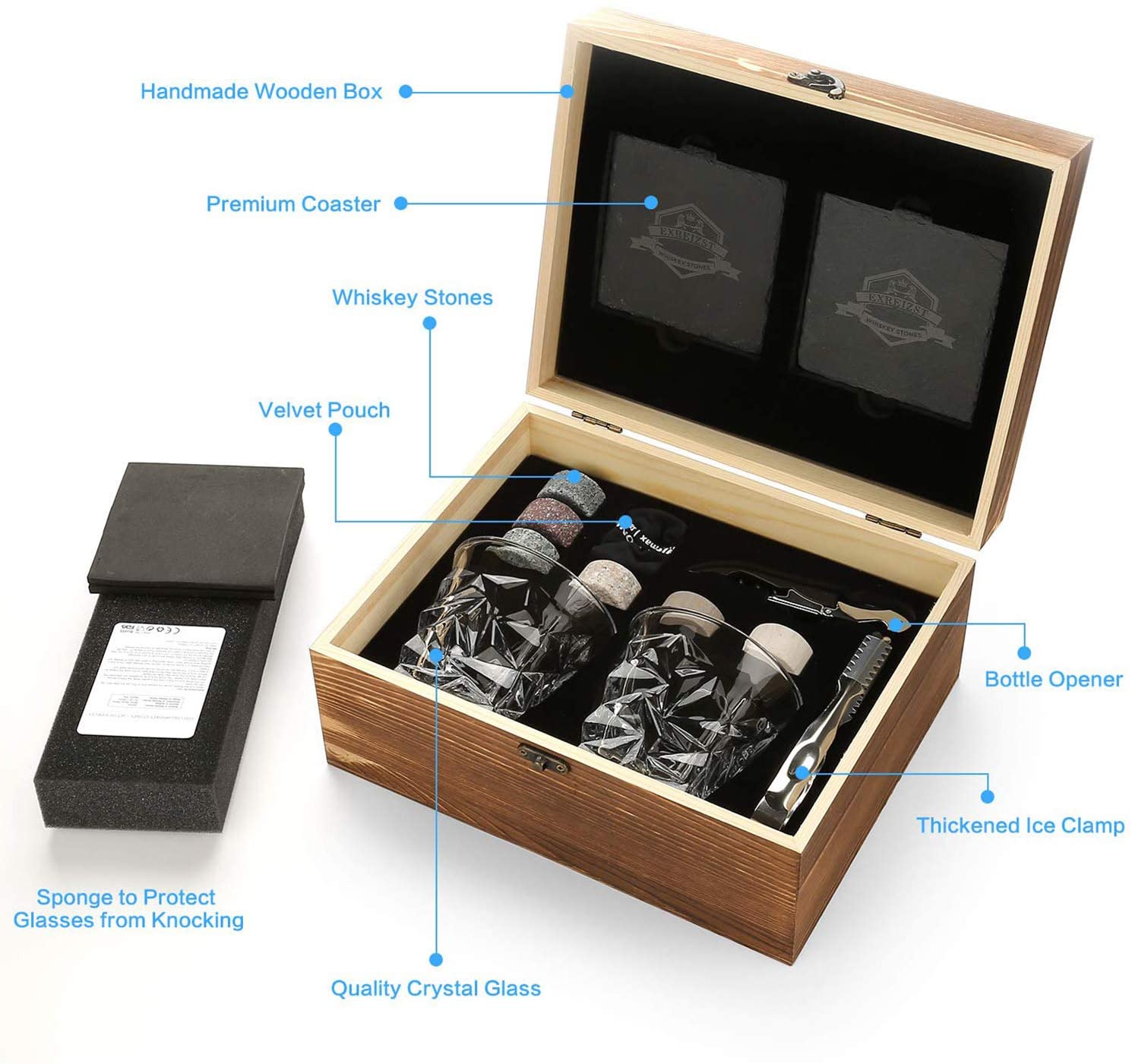 Whiskey Stones & Glasses Set, Granite Ice Cube For Whisky, Whiski Chilling Rocks In Wooden Box, Best Gift For Dad Husband Men acacuss