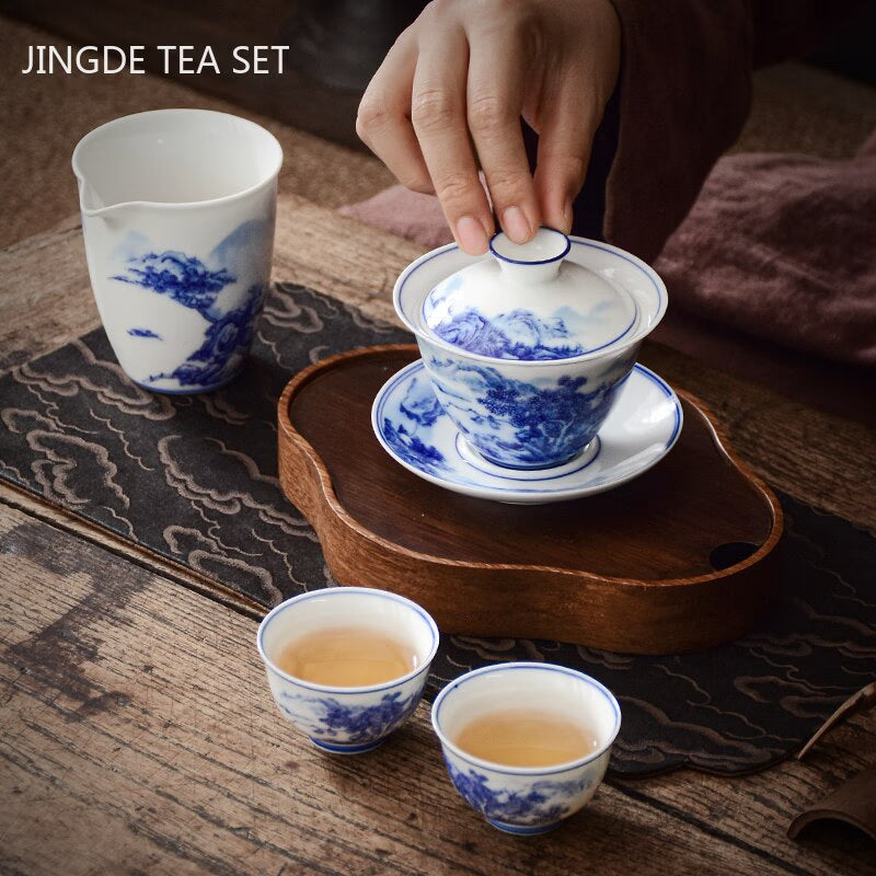 White Porcelain Blue and White Landscape Gaiwan Home with Cover Tea Cup Bowl Chinese Ceramic Tea Sets Handmade Tea Maker acacuss