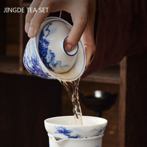 White Porcelain Blue and White Landscape Gaiwan Home with Cover Tea Cup Bowl Chinese Ceramic Tea Sets Handmade Tea Maker acacuss