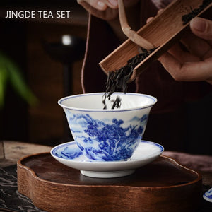 White Porcelain Blue and White Landscape Gaiwan Home with Cover Tea Cup Bowl Chinese Ceramic Tea Sets Handmade Tea Maker acacuss