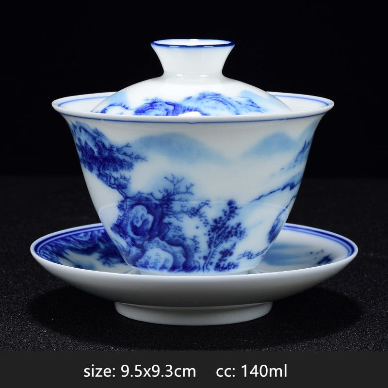 White Porcelain Blue and White Landscape Gaiwan Home with Cover Tea Cup Bowl Chinese Ceramic Tea Sets Handmade Tea Maker acacuss