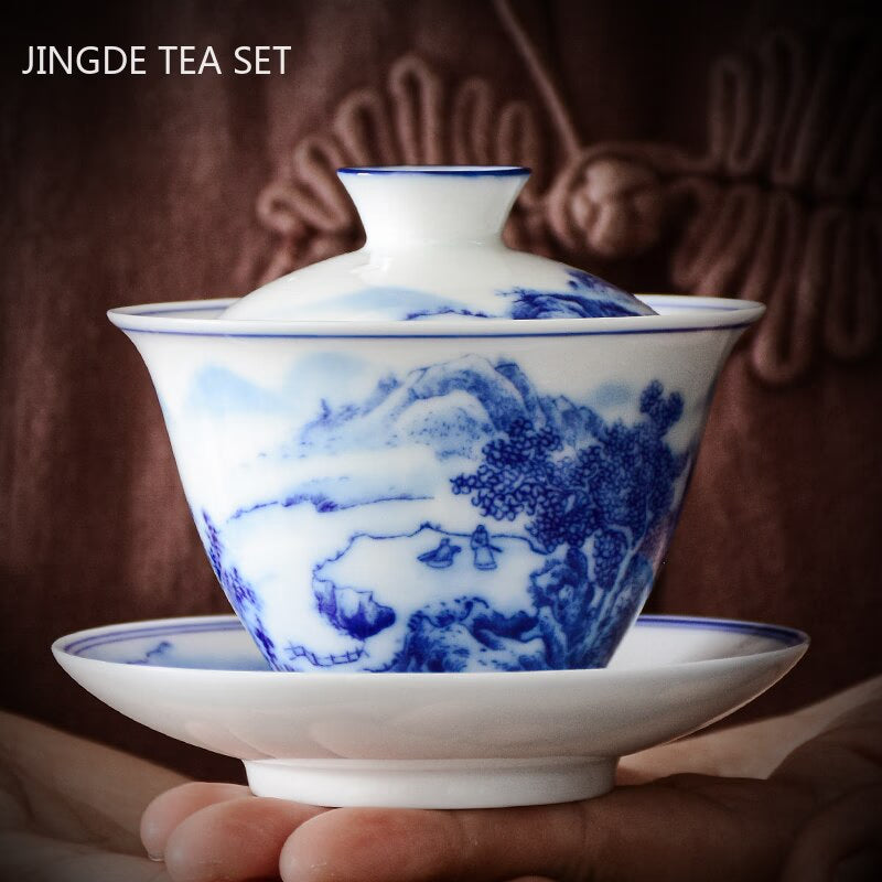 White Porcelain Blue and White Landscape Gaiwan Home with Cover Tea Cup Bowl Chinese Ceramic Tea Sets Handmade Tea Maker acacuss
