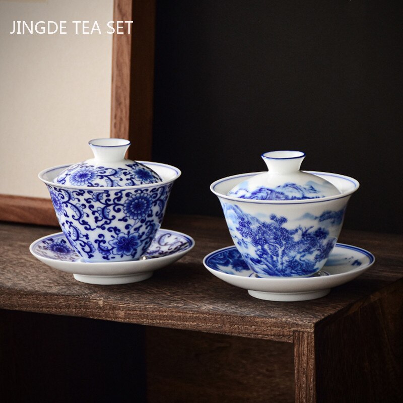 White Porcelain Blue and White Landscape Gaiwan Home with Cover Tea Cup Bowl Chinese Ceramic Tea Sets Handmade Tea Maker acacuss